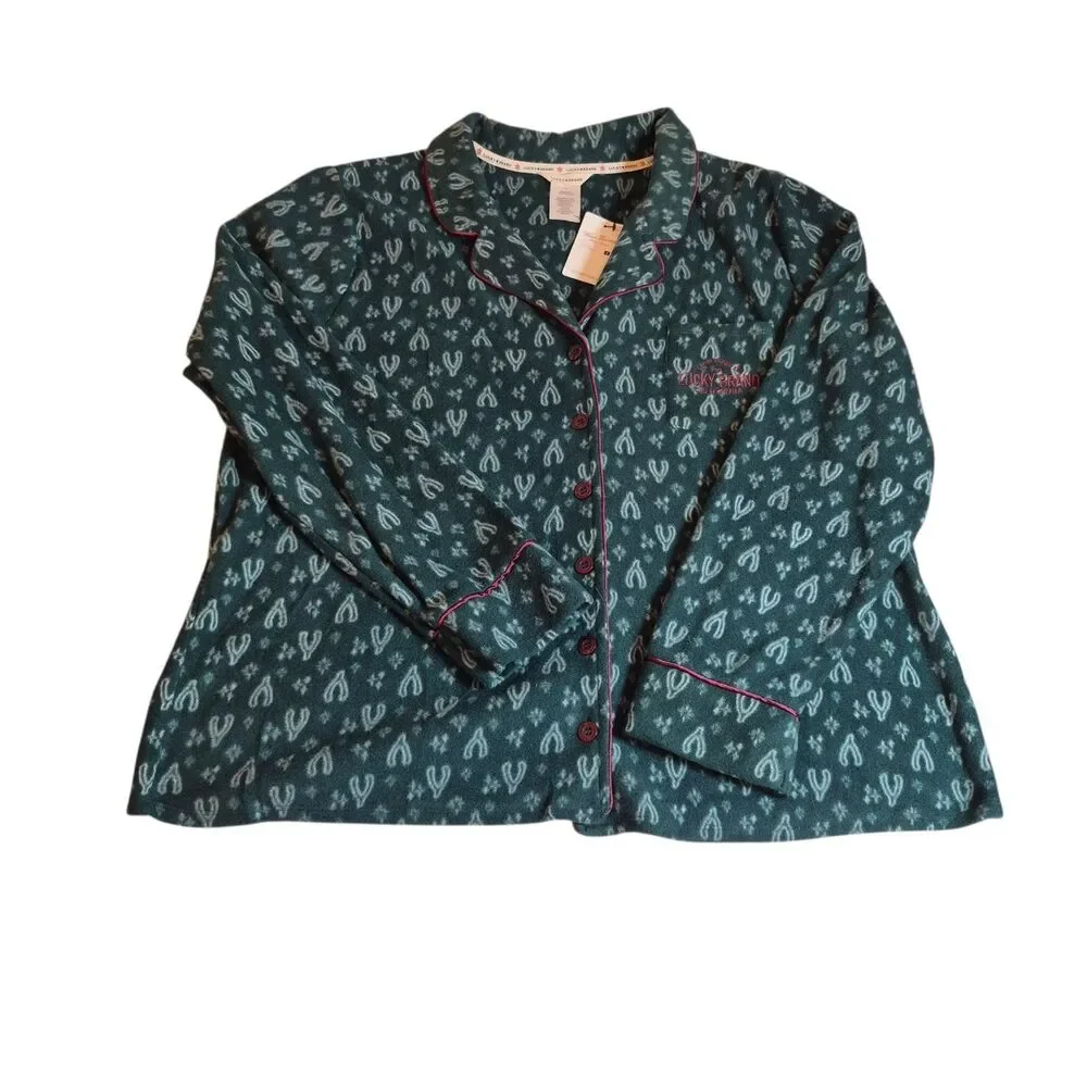 Lucky Brand Women's Wishbone Fleece Pajama Set Size 1X Green Button-Up